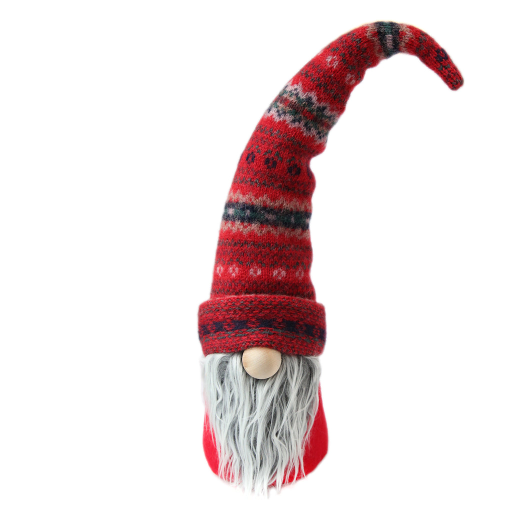 fabric gnome made with second hand knits in red, grey and green