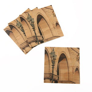 Wooden coasters featuring the three grand arches that form the south entrance to the Ontario Legislative Building.
