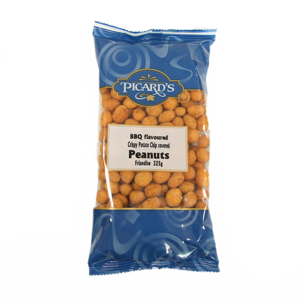 Bag of crispy potato chip covered peanuts in BBQ flavour