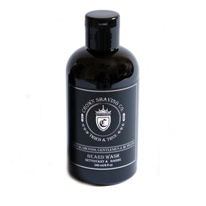 Black plastic bottle containing beard wash