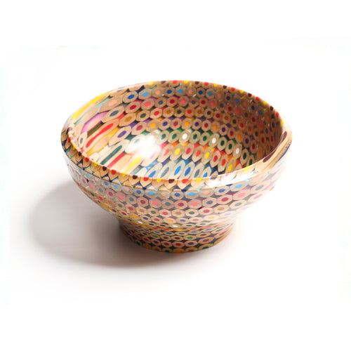 bowl created using row upon row of different coloured pencils