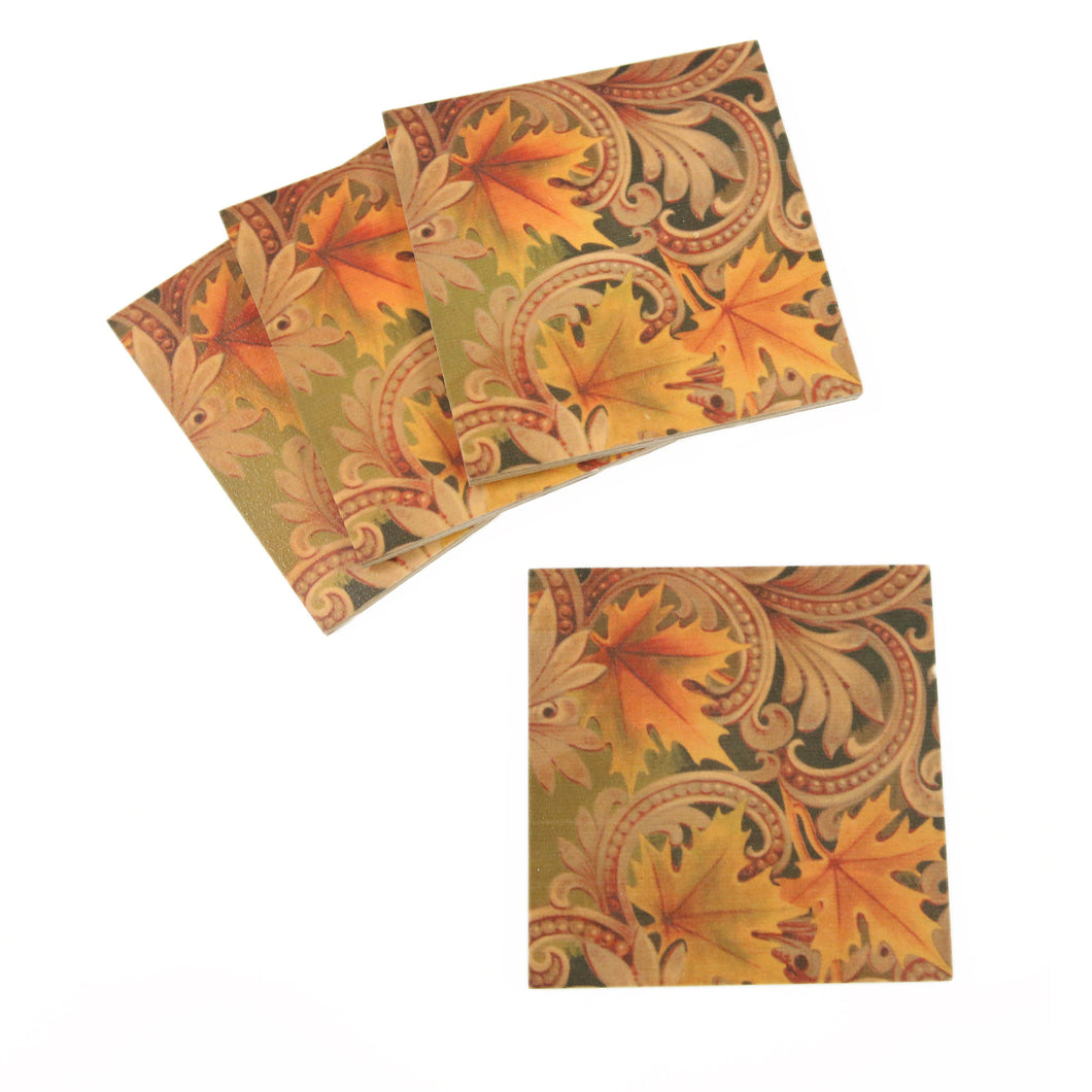 Wooden coasters featuring a maple leaf motif in gold, brown and green