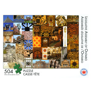 Box art of the puzzle featuring a collage of photos taken at the Legislative Assembly