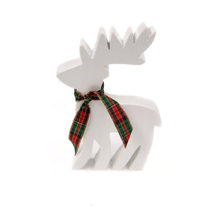 White, 6-inch tall, pine reindeer silhouette with tartan ribbon