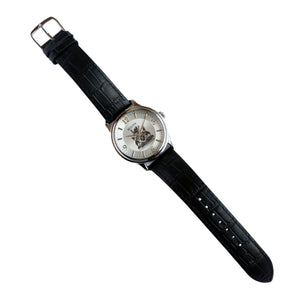 Silver watch face with black leather straps