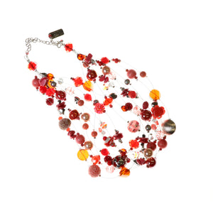 10 strand necklace made of high quality red tone crystals, glass and semi precious beads.