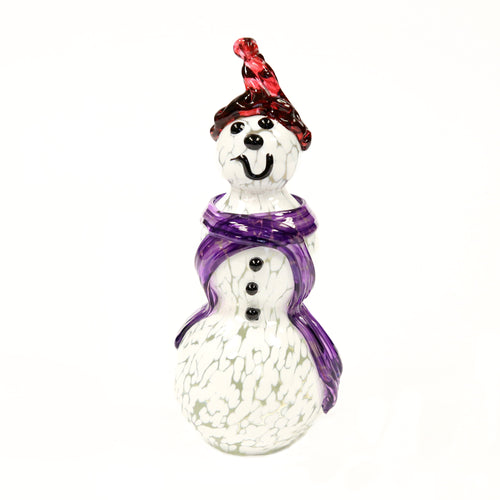 Unique glass snow friend with colourful scarf and hat