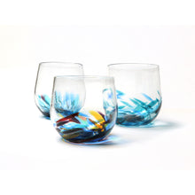 Load image into Gallery viewer, three stemless wineglass with delicate blue and multi-colour swirls