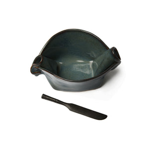 clay serving pot and spreader in dark teal