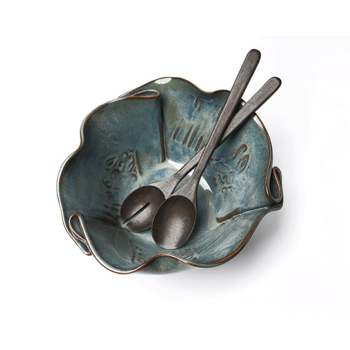 Textured serving bowl in teal with rosewood serving spoons