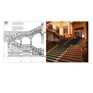 Architectural drawing and photo of the grand staircase in the Legislative Building