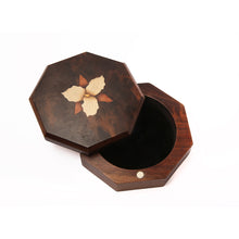 Load image into Gallery viewer, interior and exterior of walnut octagonal box with trillium inlay 