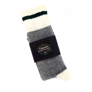 pair of grey wool socks with a black and white cuff