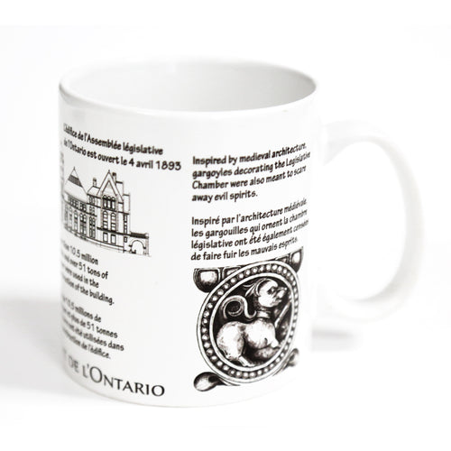 white mug featuring black text of fun facts related to the Legislative Building 