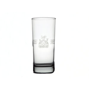 Clear tall glass with Legislative Assembly coat of arms etched in the centre