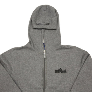Light grey men's hoodie with the Parliament building embroidered on the left chest and Legislative Assembly Ontario wording embroidered on rim of the hood.