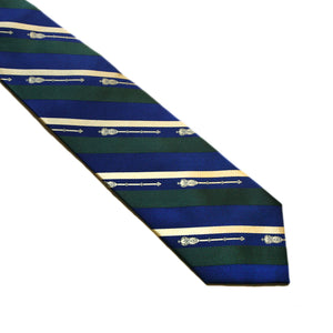 Silk tie with blue, green and gold diagonal stripes and the legislative Mace in gold