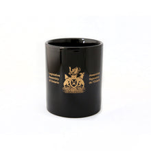 Load image into Gallery viewer, black mug etched with Legislative Assembly coat of arms in gold