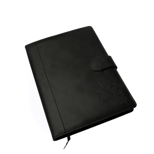 Black, high-end vinyl notebook with emboss imprint of the Legislative Assembly of Ontario coat of arms