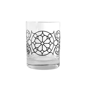 glass imprinted with floral motif of Chamber doors in black