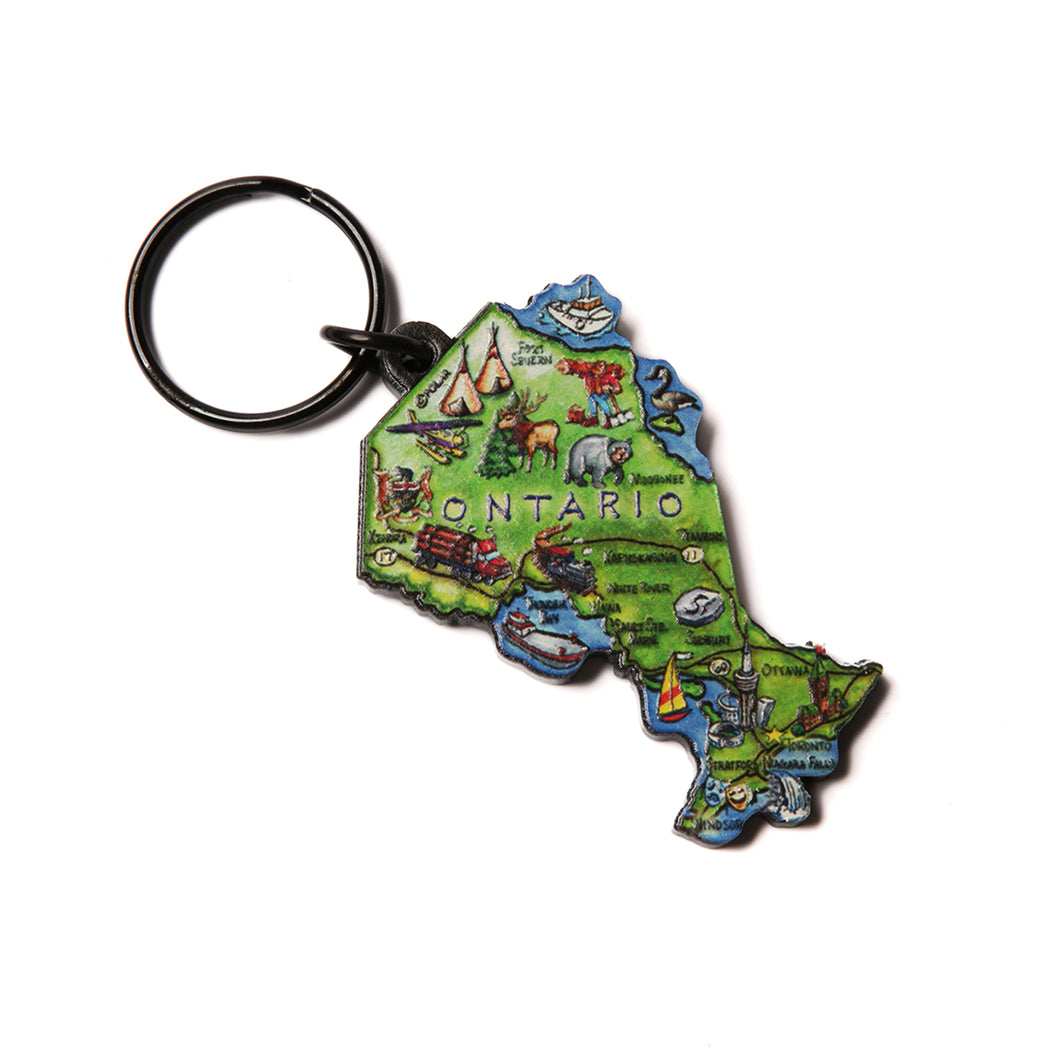 Acrylic key ring of the provincial map of Ontario with cartoon images
