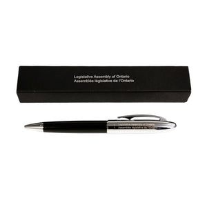 silver and black pen engraved with Legislative Assembly of Ontario wording in English and French