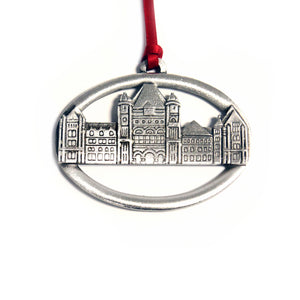 Pewter ornament of Ontario's Legislative Building on a red ribbon