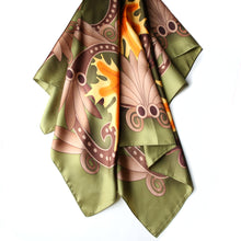 Charger l&#39;image dans la galerie, Silk scarf featuring maple leaf artwork in green, orange, yellow and brown from the Legislative Chamber ceiling