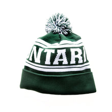 Load image into Gallery viewer, Green and white knit toque with the word Ontario woven into the fabric in white