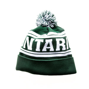 Green and white knit toque with the word Ontario woven into the fabric in white
