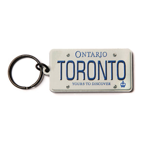 White Ontario license plate key ring with Toronto wording in blue