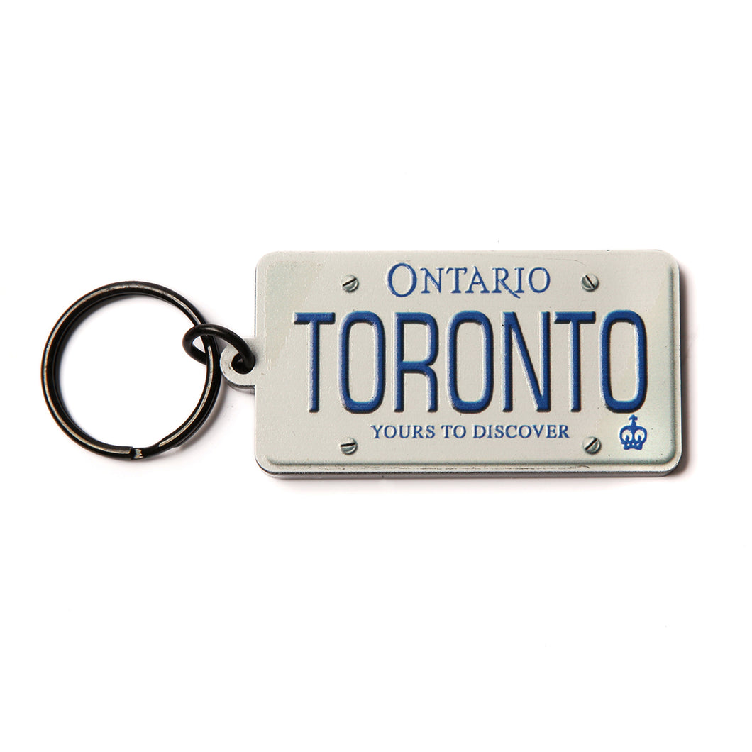 White Ontario license plate key ring with Toronto wording in blue
