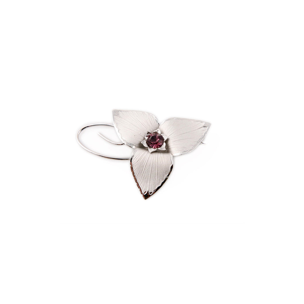 sterling silver trillium brooch with a genuine amethyst in the center
