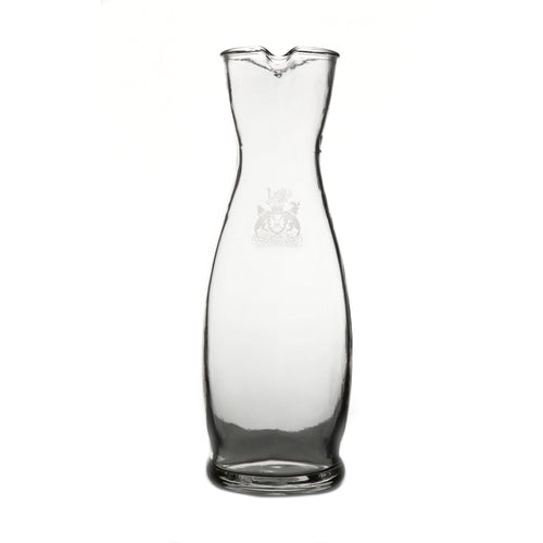 Clear glass wine decanter etched with the Legislative Assembly of Ontario coat of arms  on the neck.