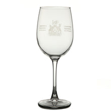 Load image into Gallery viewer, Clear wine glass etched with the Legislative Assembly coat of arms on the centre of glass.