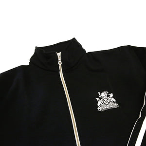 Black track jacket with the Legislative Assembly coat of arms embroidered on left chest in white