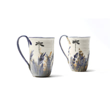 Load image into Gallery viewer, two mugs featuring hand painted lavender plants and a dragonfly