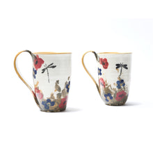 Load image into Gallery viewer, two mugs featuring hand painted poppies and dragonflies